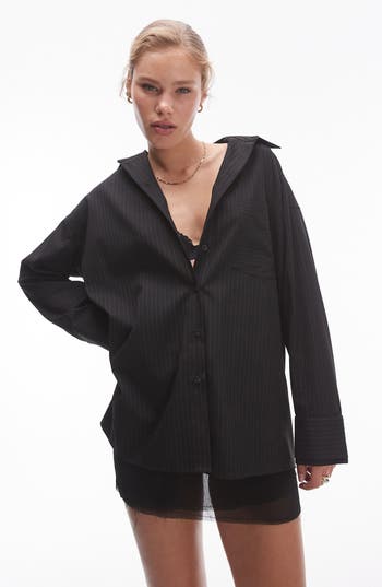 Topshop Oversize Pinstripe Button-up Shirt In Black