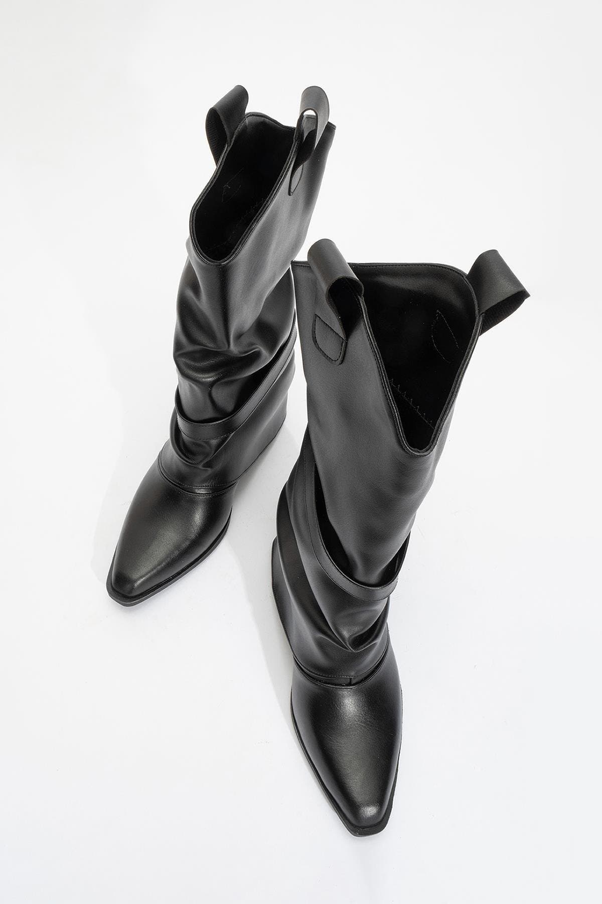Okus Buckle Block Heel Boot, Alternate, color, Black Faux Leather