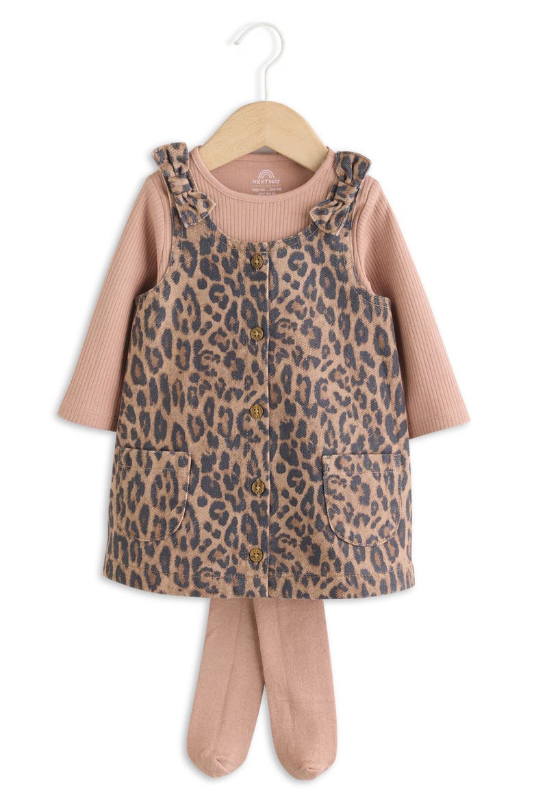 Leopard Denim Pinafore Dress, Ribbed Bodysuit & Tights Set, Main, color, PINK MULTI