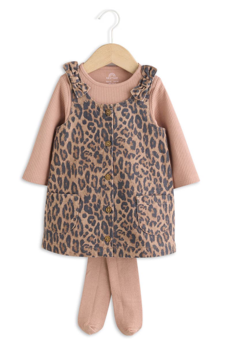 NEXT Leopard Denim Pinafore Dress, Ribbed Bodysuit & Tights Set, Main, color, Pink Multi