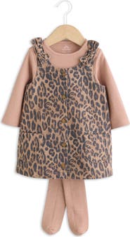 NEXT Leopard Denim Pinafore Dress, Ribbed Bodysuit & Tights Set