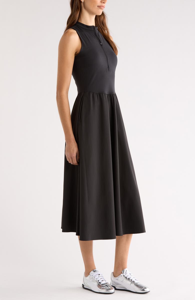Zella Atlas Zip Front Sleeveless Midi Dress, Alternate, color, Black