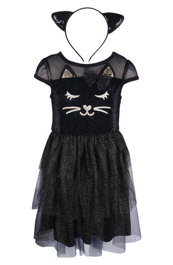 Zunie Kids' Cap Sleeve Kitty Dress & Headband Set In Black