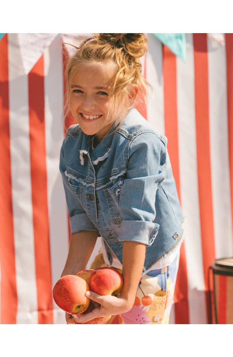 Deux par Deux Little Girl's Frayed Denim Jacket With Embroidery Jeans Blue, Alternate, color, 