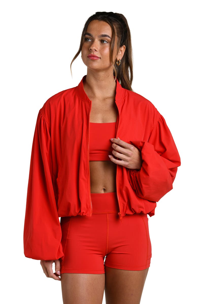La Blanca Bishop Sleeve Bomber Jacket, Alternate, color, Ruby
