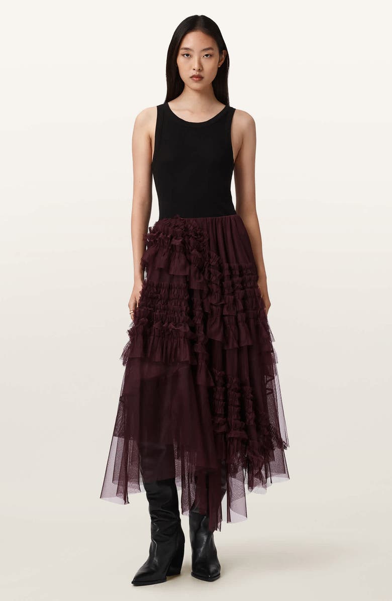 AllSaints Jen Asymmetric Hem Tulle Skirt, Alternate, color, Oxblood Red