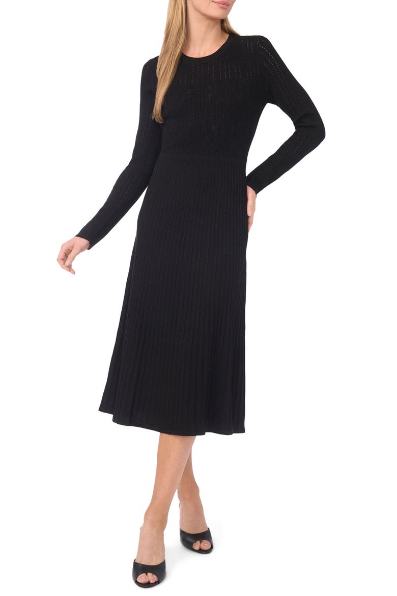 Metallic Mixed Stitch Long Sleeve Midi Sweater Dress, Main, color, BLACK/ BRONZE