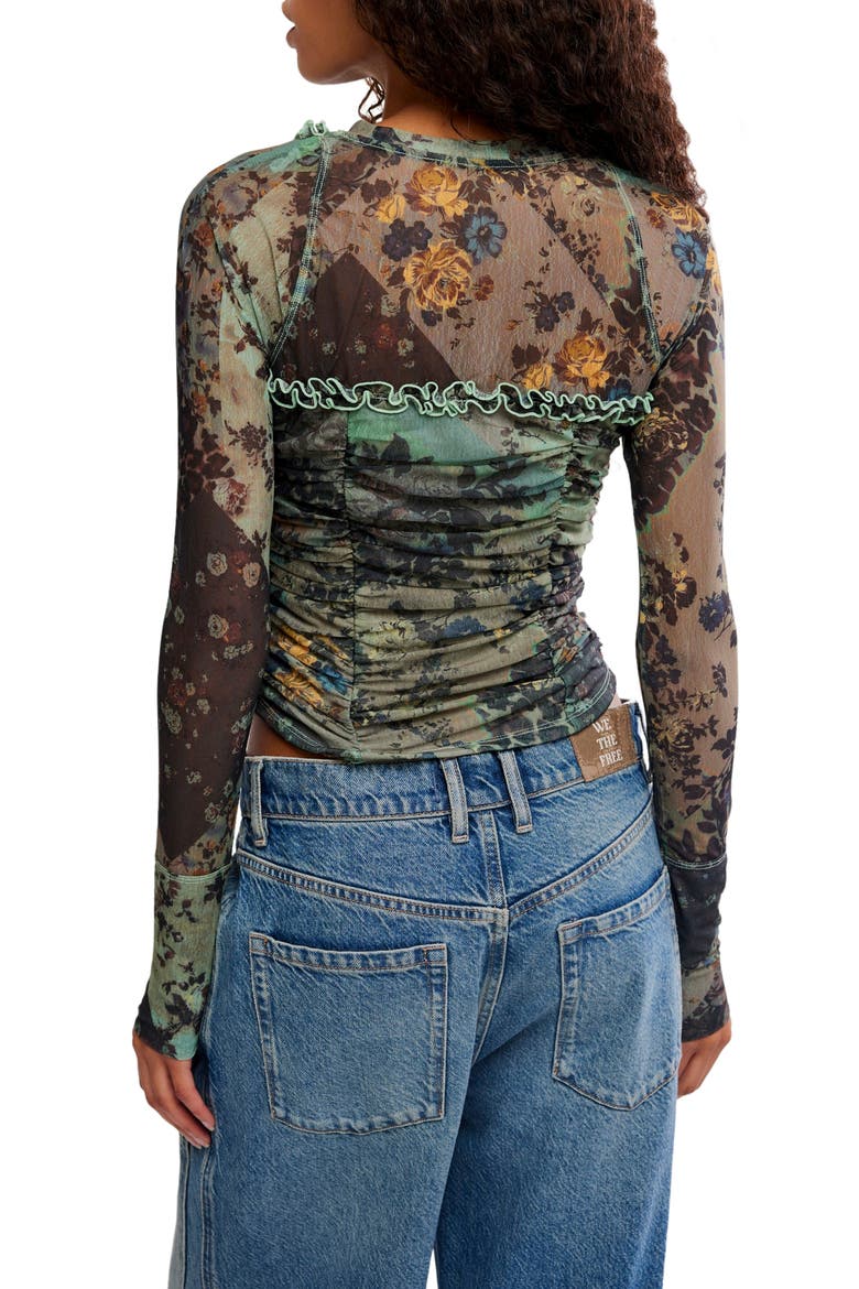 Ariana Printed Ruffle Shirred Mesh Shirt, Alternate, color, SAGE COMBO