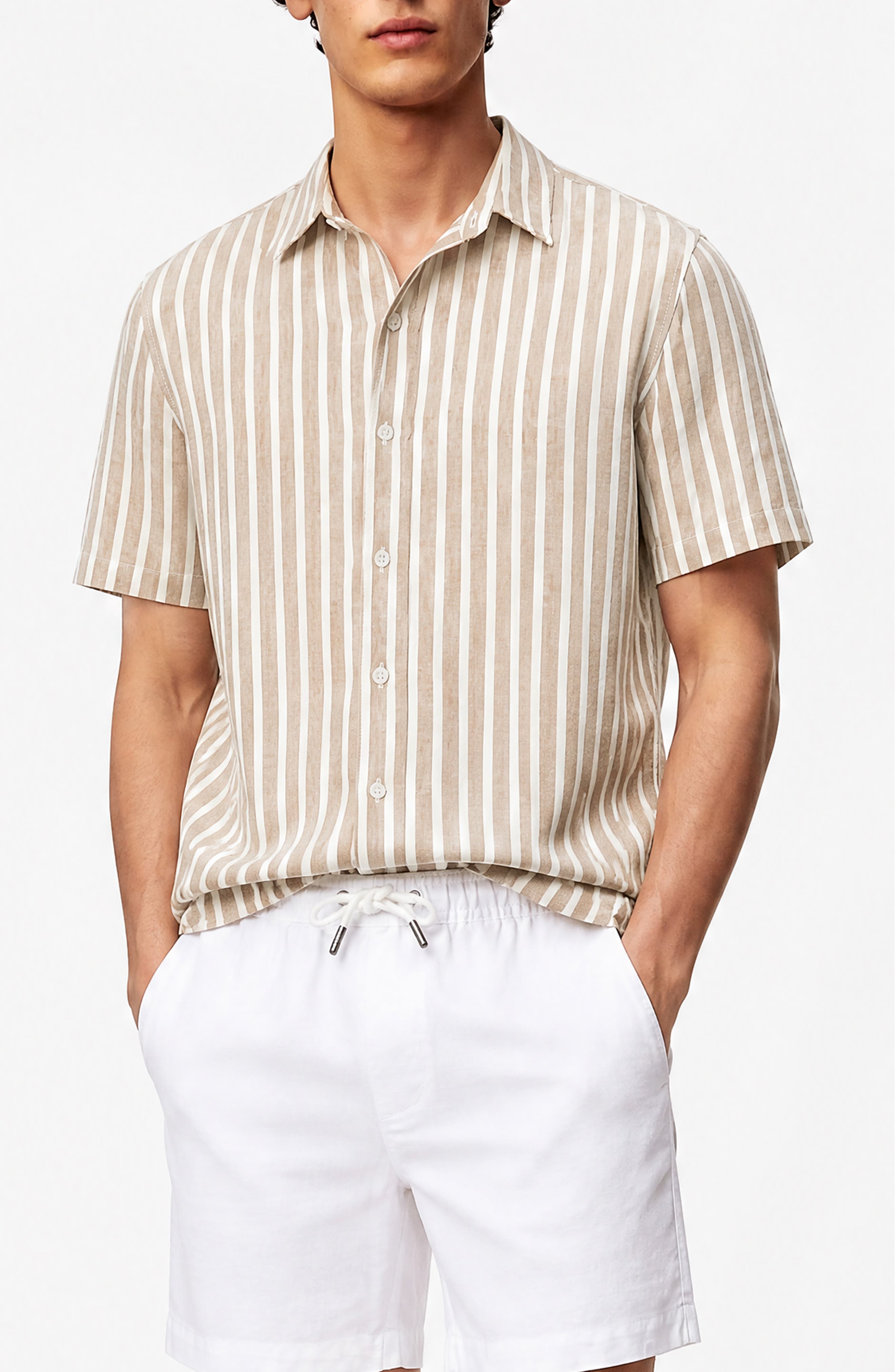 Onia Stripe Short Sleeve Linen & Cotton Blend Button-Up Shirt