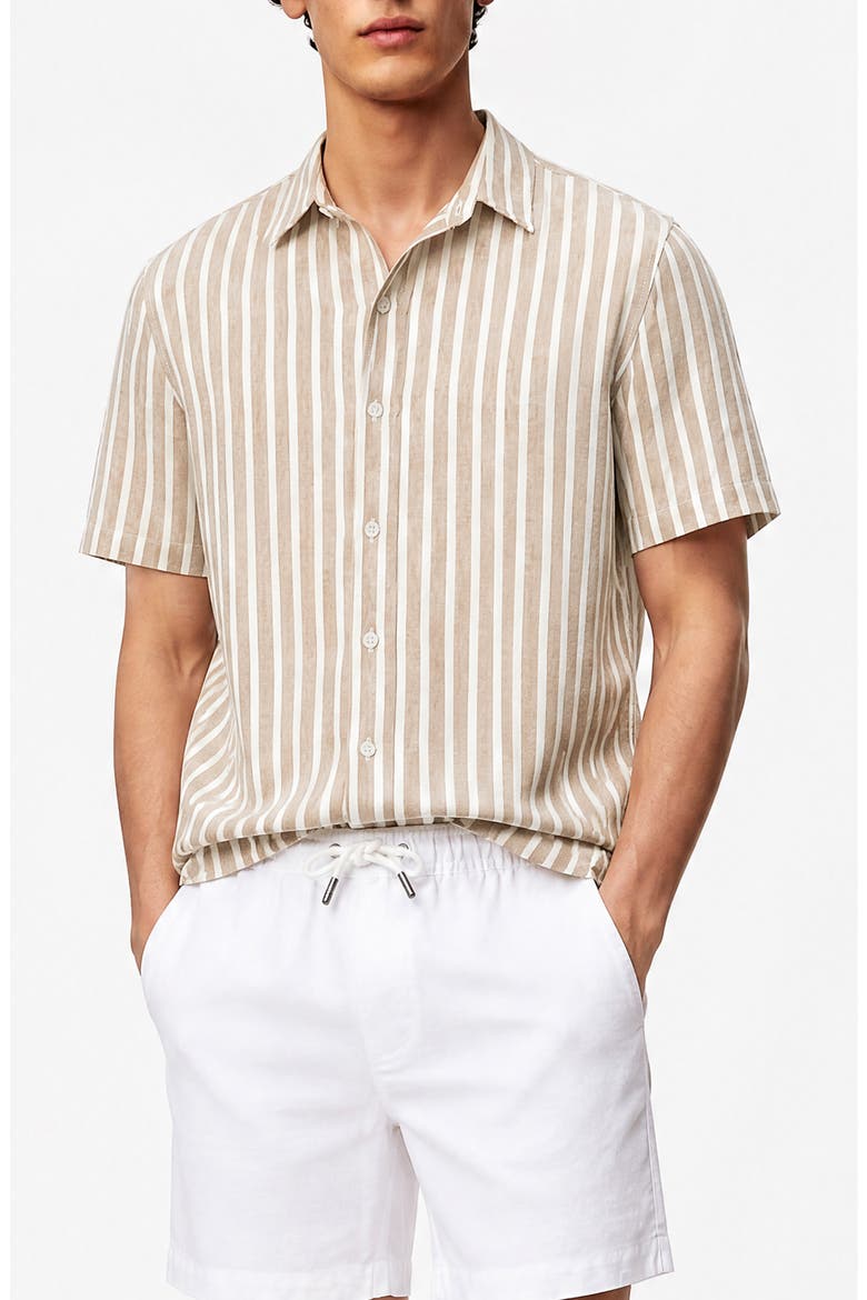 Stripe Short Sleeve Linen & Cotton Blend Button-Up Shirt, Main, color, TAN