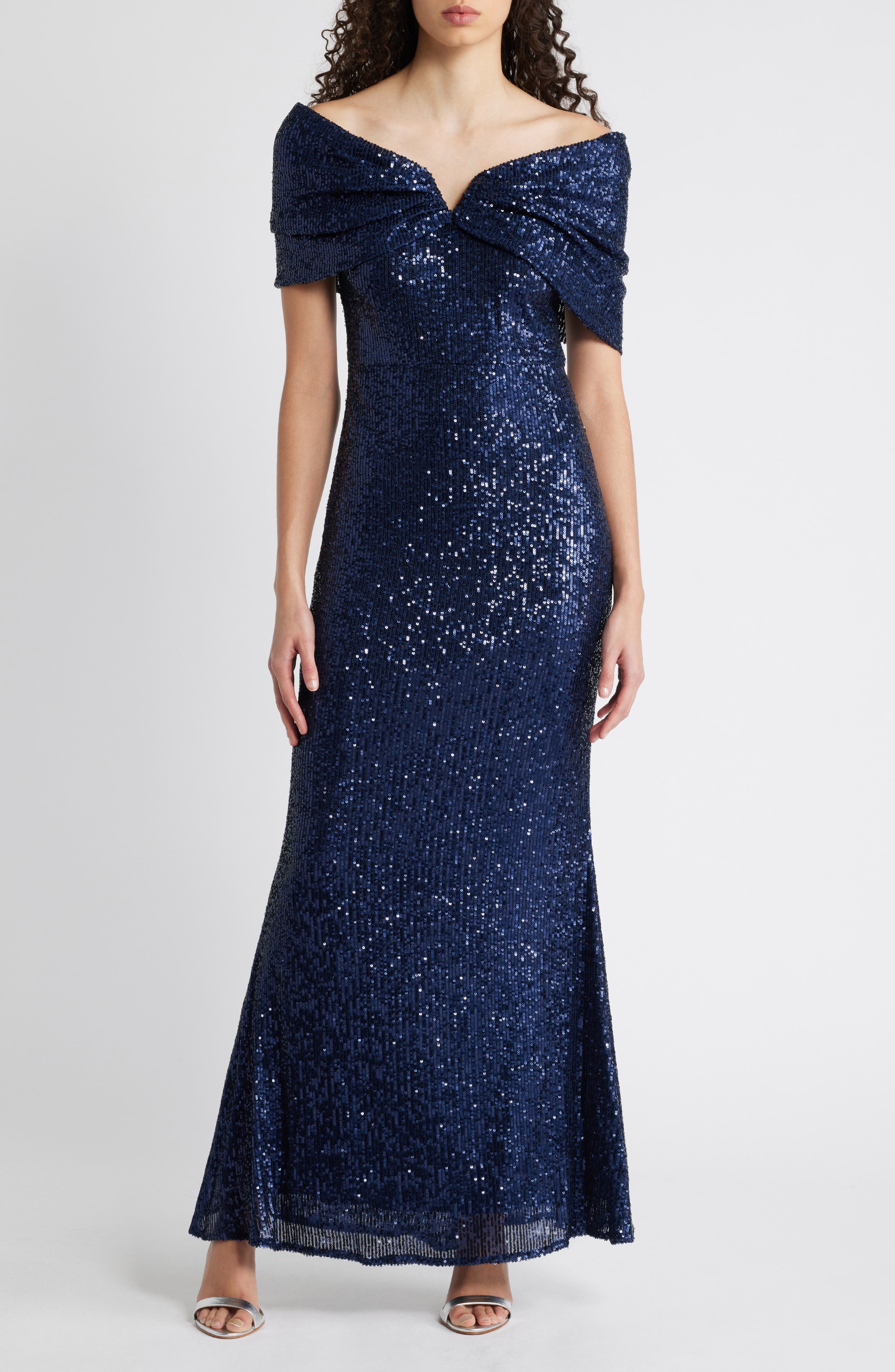 Sequin Off the Shoulder V-Neck Stretch Dress