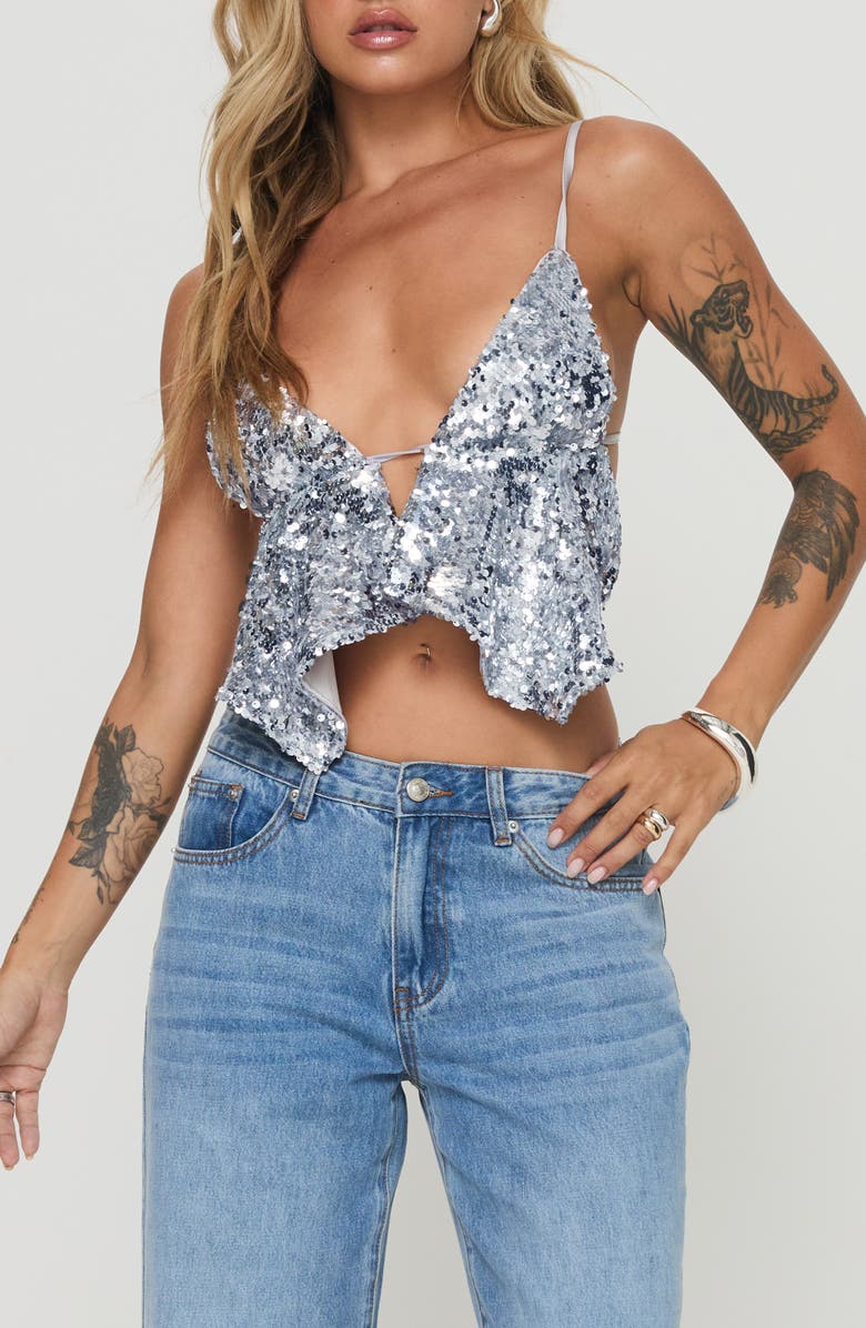 Princess Polly Rosaton Sequin Open Back Crop Camisole, Main, color, Silver