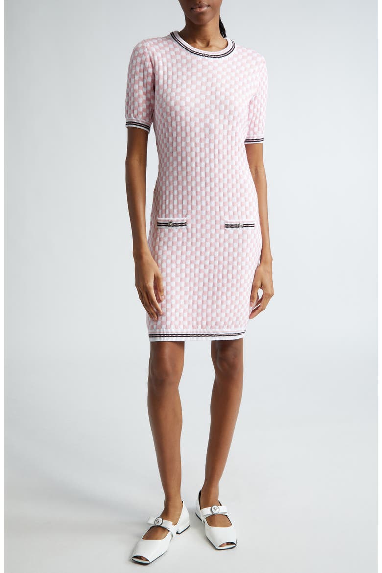 Contrasto Checkerboard Jacquard Sweater Dress, Main, color, WHITE PALE PINK