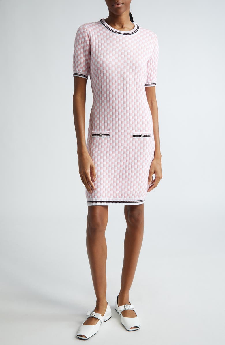 Versace Contrasto Checkerboard Jacquard Sweater Dress, Main, color,