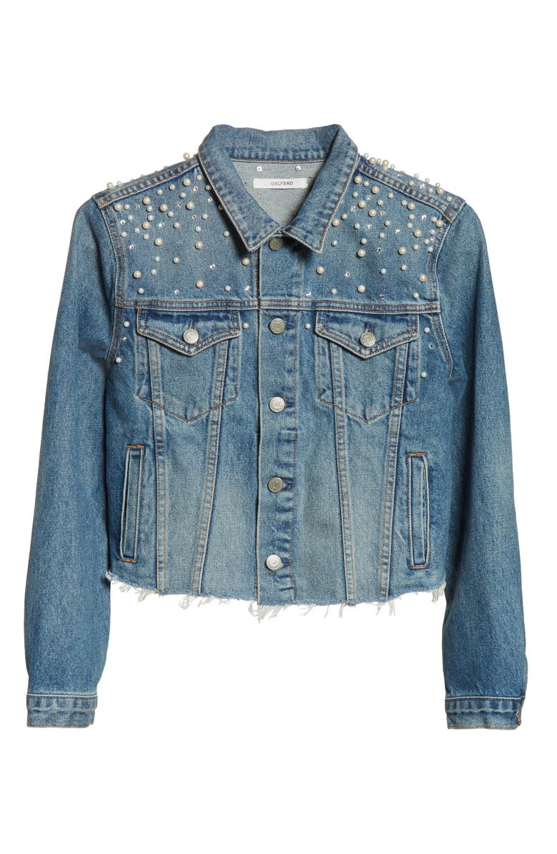 GRLFRND Eve Faux Pearl & Crystal Embellished Crop Denim Jacket, Alternate, color,