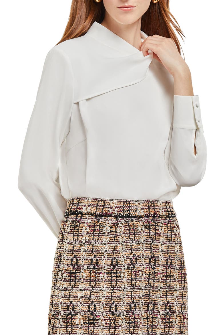 Drape Crêpe de Chine Long Sleeve Blouse, Main, color, WHITE