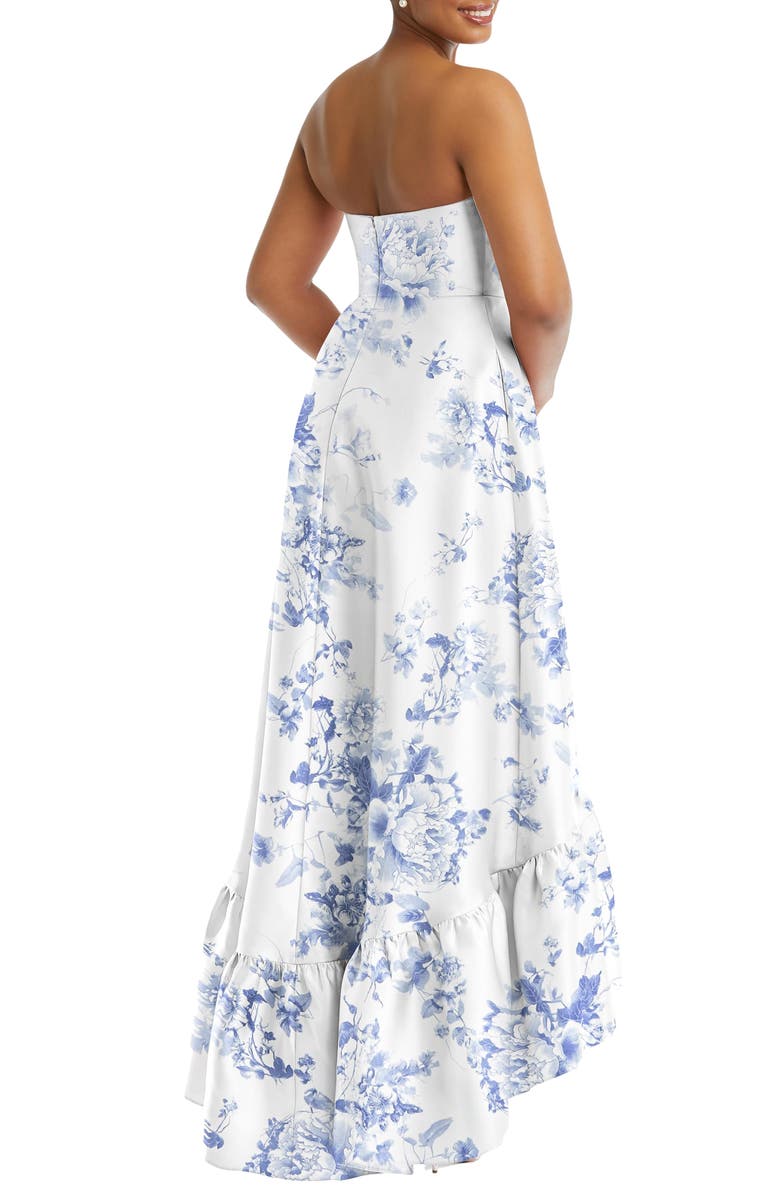 Alfred Sung Strapless Floral Ruffle High-Low Gown, Alternate, color, Cottage Rose-Larkspur