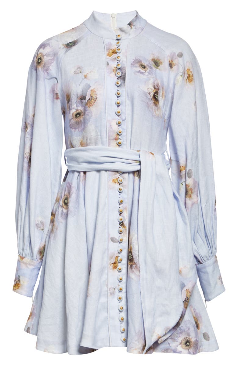 Zimmermann Hypnotic Long Sleeve Belted Linen Minidress, Alternate, color, Lilac Poppy