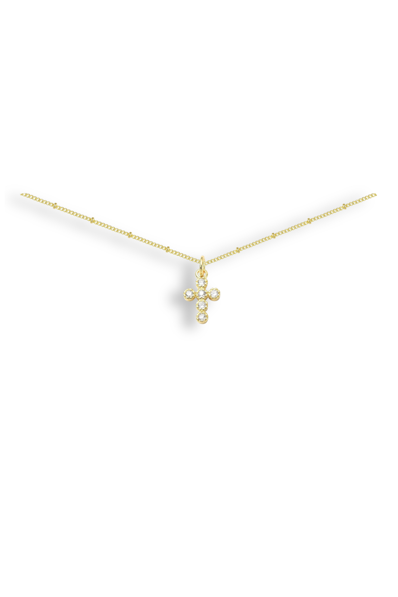 Round Cubic Zirconia Mini Cross Pendant Necklace, Main, color, Metalic Gold