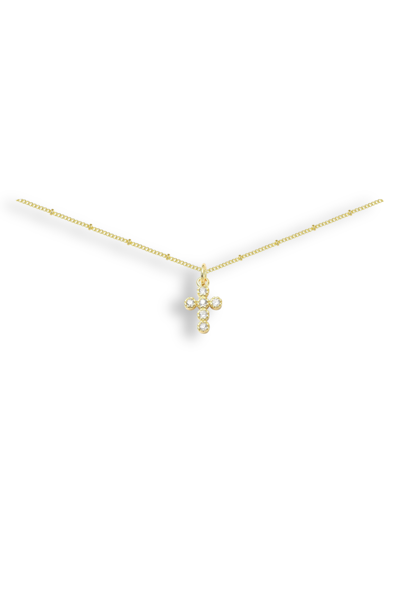Emma Rae Round Cubic Zirconia Mini Cross Pendant Necklace, Main, color, Metalic Gold