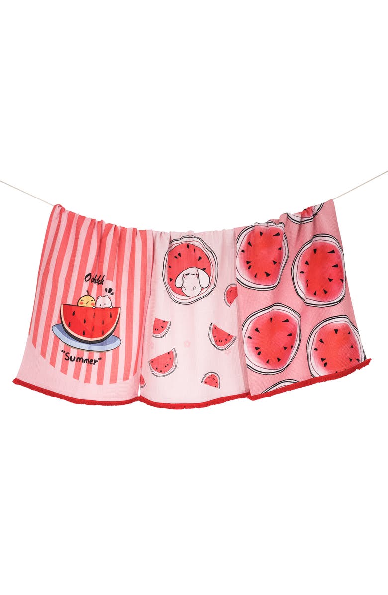 Tiramisu Set of Three Sweet Summer Watermelon Kitchen Towels, Main, color, Watermelon/ Pink / White