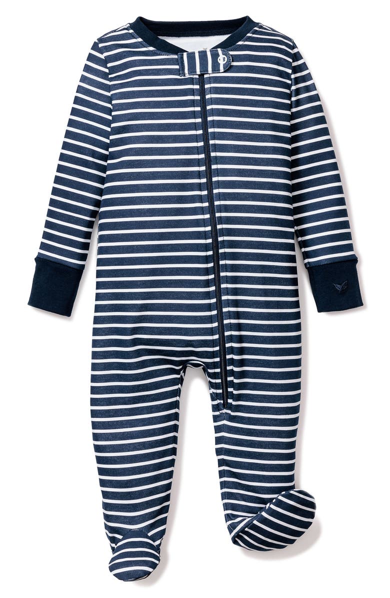 Petite Plume Stripe Pima Cotton Zip Footie, Main, color, Navy