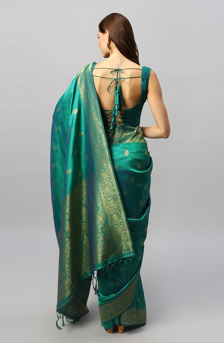 One Minute Saree<sup>®</sup> Yara Green Moss Weave Art Silk Pre-Draped Ready to Wear Sari, Alternate, color, 