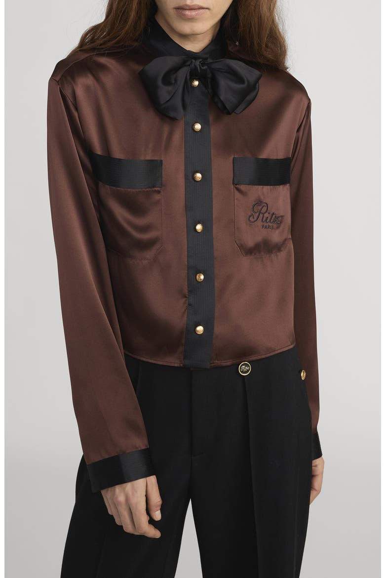 x The Ritz Paris Silk Satin Button-Up Shirt, Main, color, CHOCOLATE BROWN