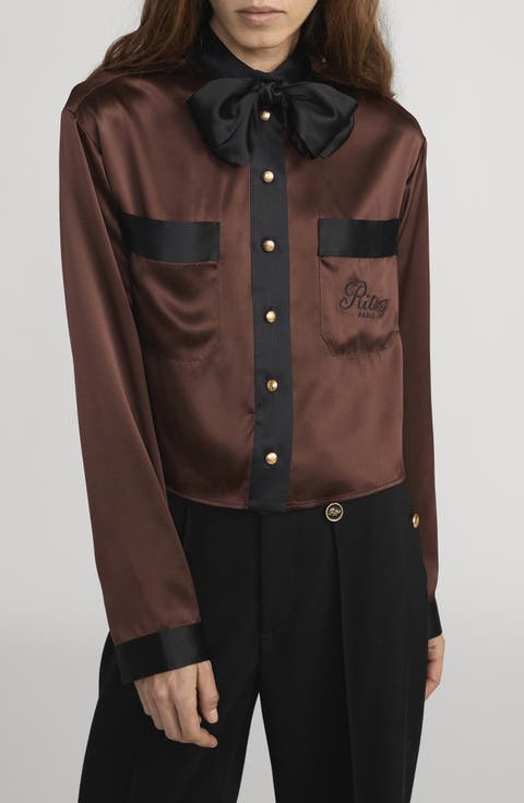x The Ritz Paris Silk Satin Button-Up Shirt