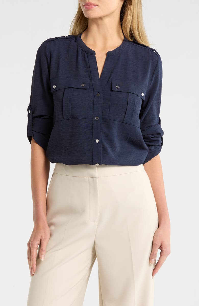 T Tahari Roll Tab Snap-Up Shirt, Main, color, Navy