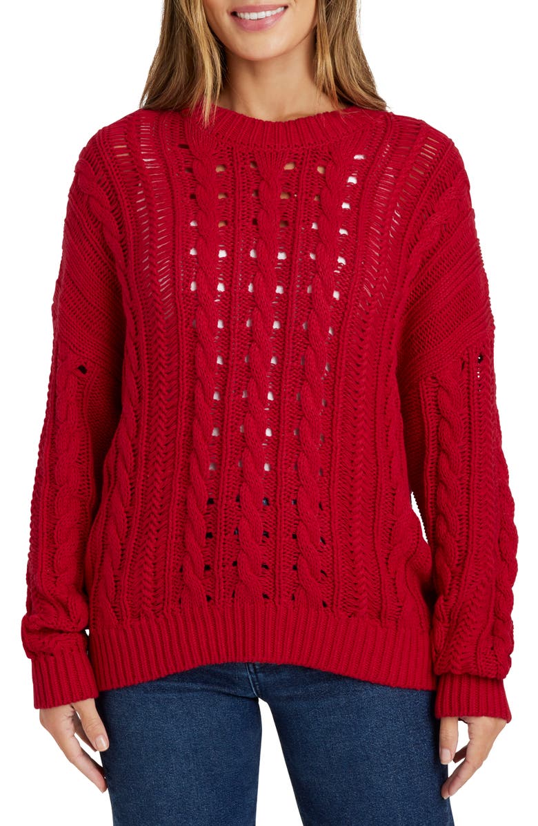 Splendid Martyne Cotton Cable Crewneck Sweater, Main, color, Ruby