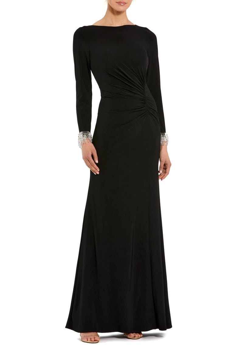 Long Sleeve Jersey Gown With Beaded Cuff Sleeves, Main, color, Black