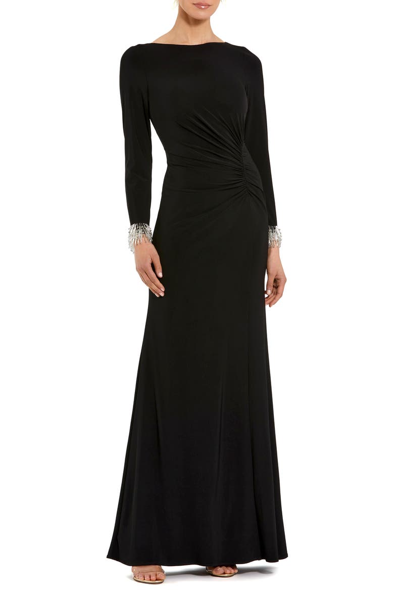 Mac Duggal Long Sleeve Jersey Gown With Beaded Cuff Sleeves, Main, color, Black