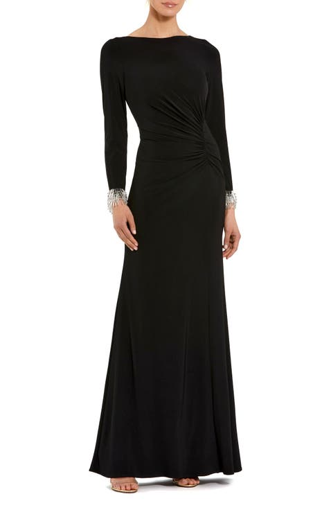 Long Sleeve Jersey Gown With Beaded Cuff Sleeves