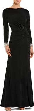 Mac Duggal Long Sleeve Jersey Gown With Beaded Cuff Sleeves