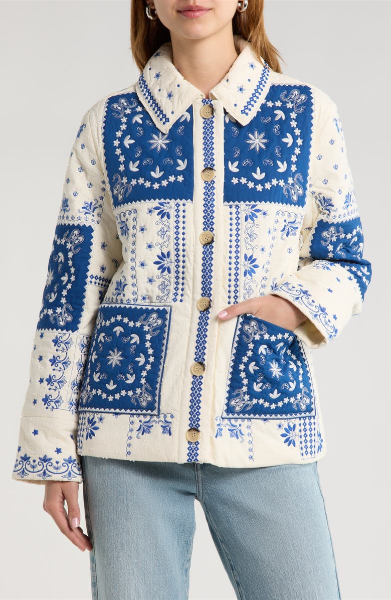 Avec Les Filles Patchwork Bandana Print Quilted Jacket, Alternate, color, White-Blue
