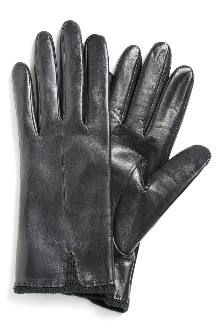 Knit Cuff Leather Gloves, Main, color, BLACK/ BLACK