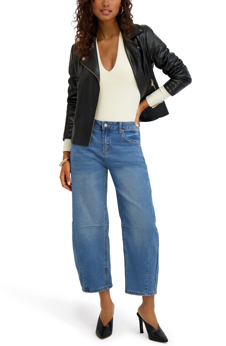 Kensie Peplum Back Faux Lether Moto Jacket, Alternate, color, Black