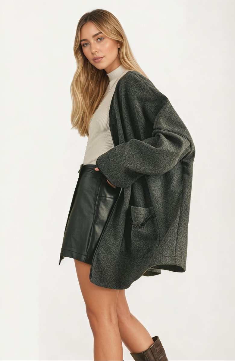 Knit and Lounge Oversized Draped Wool-Blend Contrast Pocket Trim Jacket, Alternate, color, 