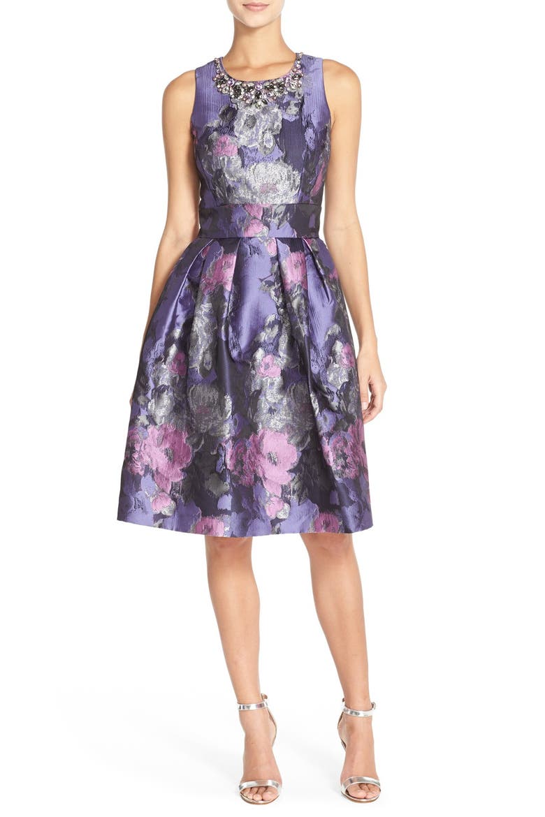 Embellished Jacquard Fit & Flare Dress, Main, color, LILAC