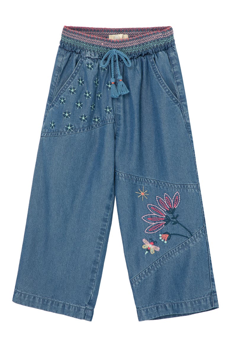 Kids' Wide Leg Embroidered Denim Pants, Main, color, INDIGO