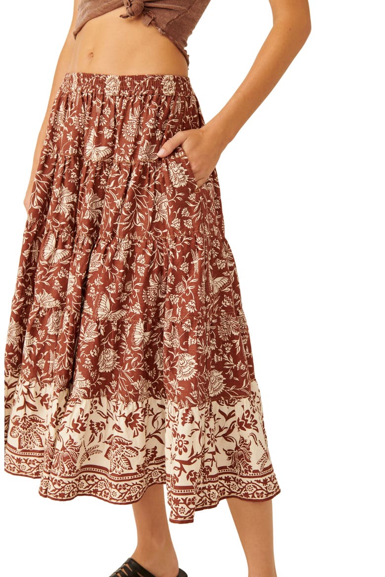Full Swing Floral Border Detail Cotton Blend Midi Skirt, Alternate, color, CHOCOLATE COMBO