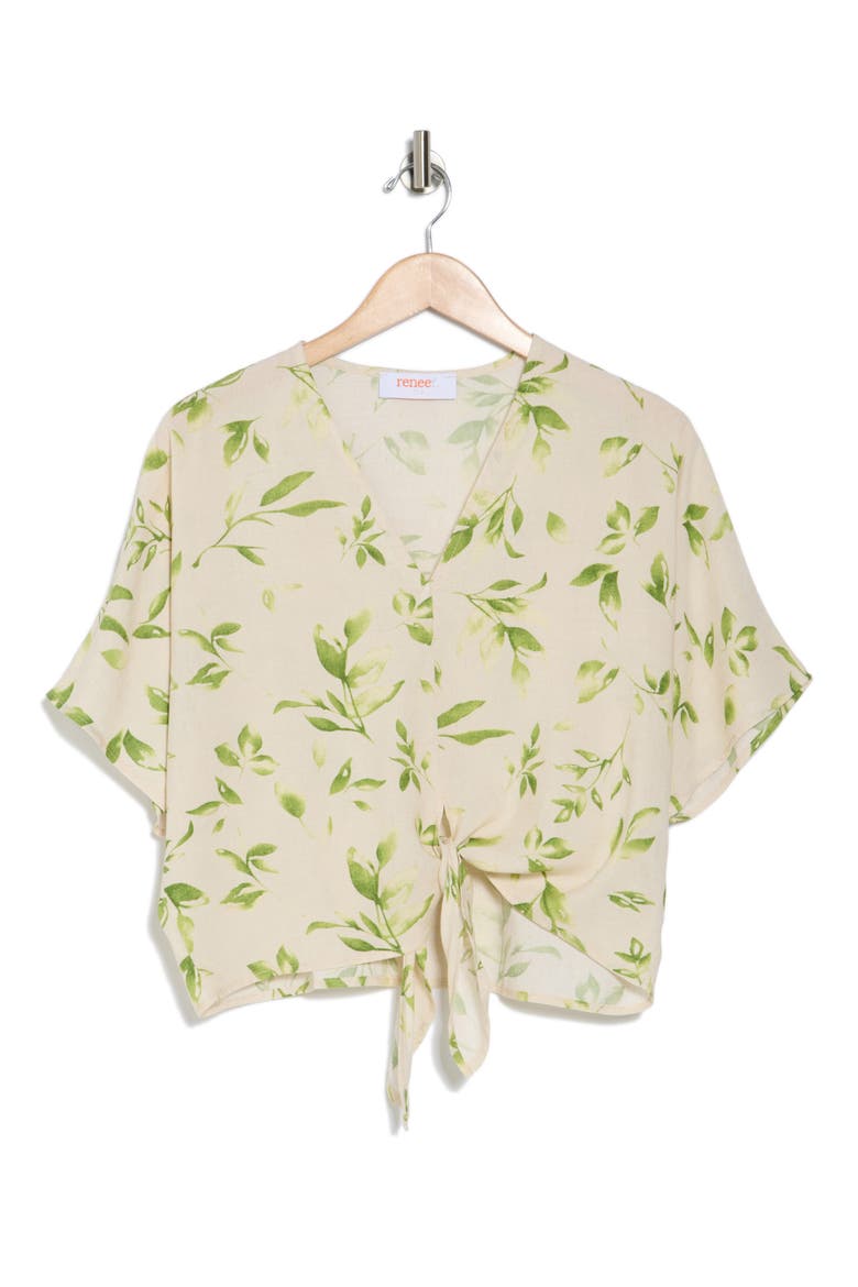 Floral Short Sleeve Tie Front Crop Top, Alternate, color, GREEN