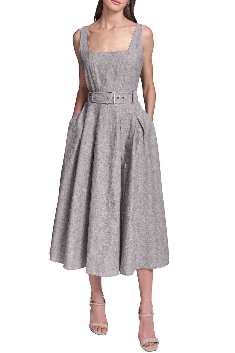 belted linen blend midi dress Sleeveless Belted Linen Blend Midi Dress (Women)