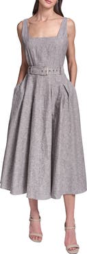 KARL LAGERFELD PARIS Sleeveless Belted Linen Blend Midi Dress