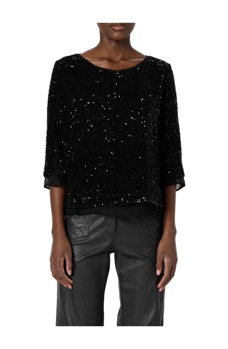GERARD DAREL Alienor Sequin 3/4 Sleeve Voile Trim Top, Alternate, color, Black