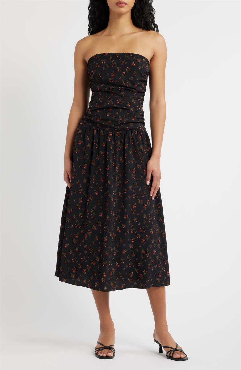 Lulus Molly Floral Print Strapless Midi Dress, Main, color, Black Floral