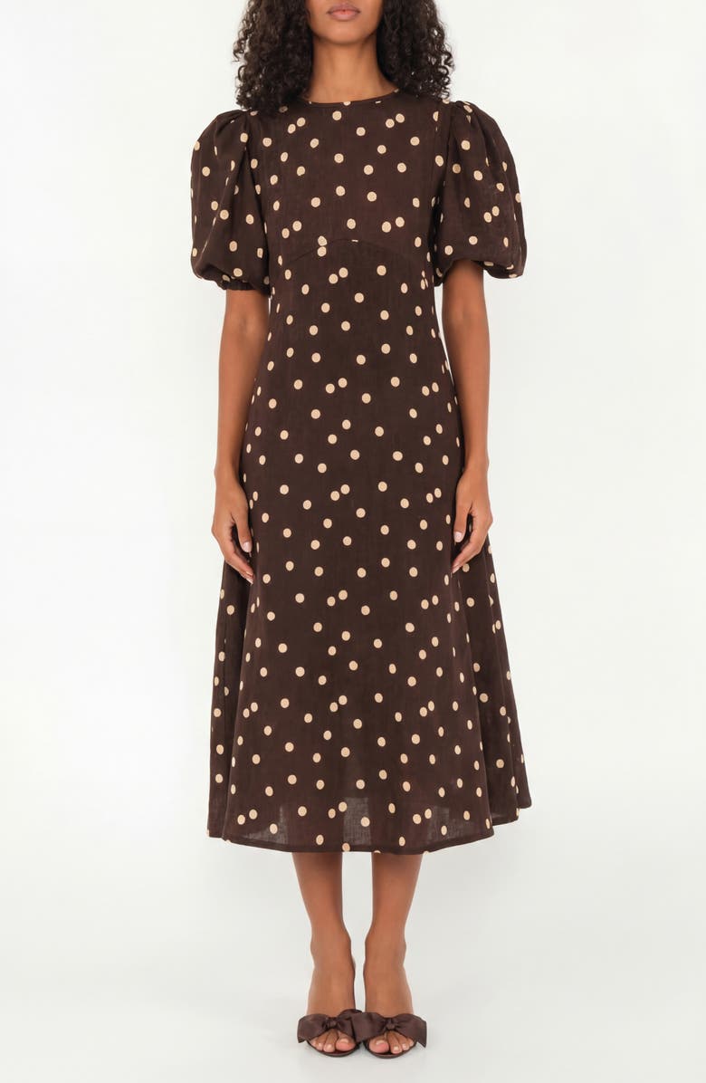 The Lulo Project The Dawn Dot Puff Sleeve Linen & Cotton Maxi Dress, Main, color, Polka Dots Brown