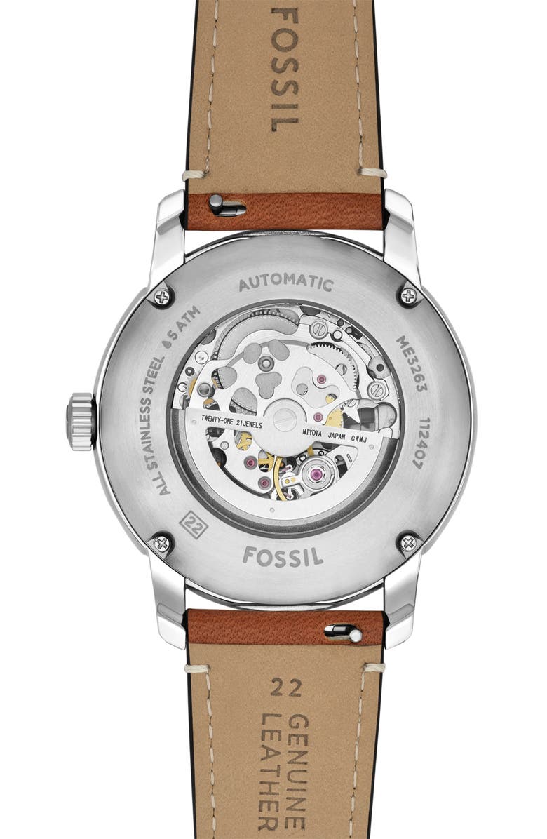 Fossil Heritage Automatic Leather Strap Watch, 43mm, Alternate, color, Brown