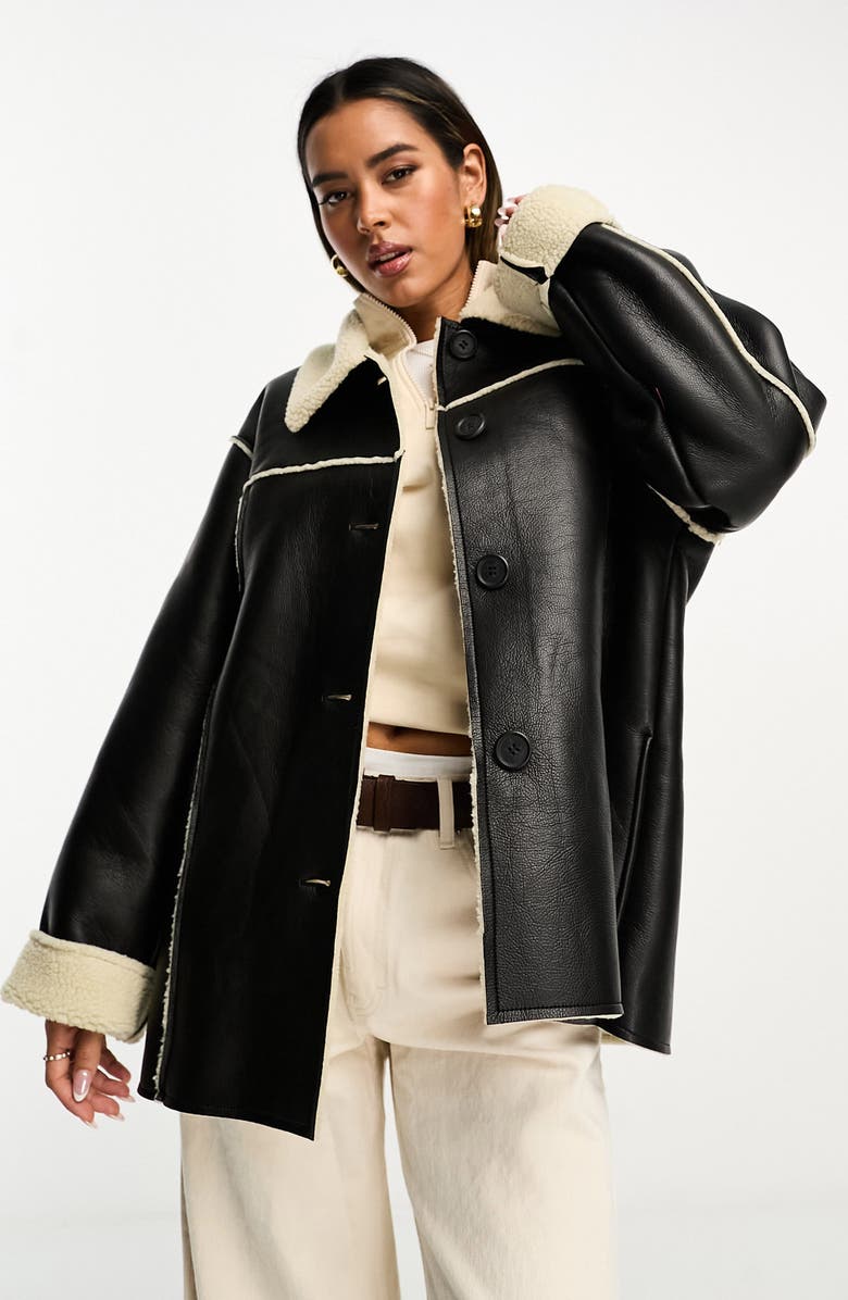 ASOS DESIGN Faux Leather & Faux Shearling Shacket, Main, color, 